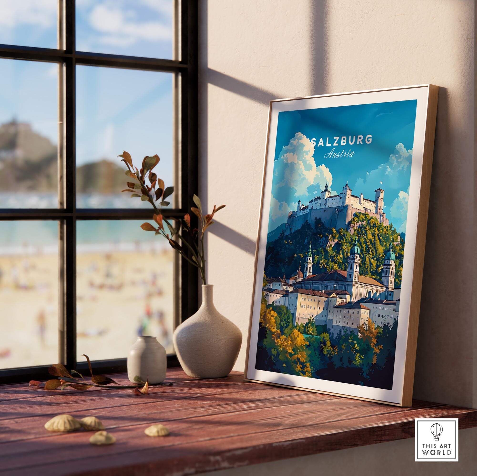Salzburg Wall Art showcasing a vibrant travel poster of Salzburg, Austria, displayed beautifully in a sunny interior setting.