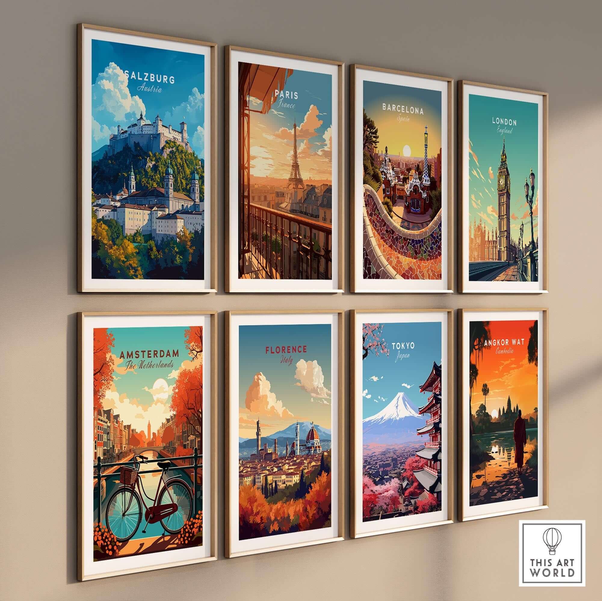 Salzburg Wall Art featuring picturesque cityscapes including Paris, Barcelona, London, and more.
