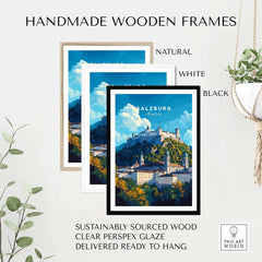 Salzburg Wall Art displayed in handmade wooden frames available in natural, white, and black finishes.