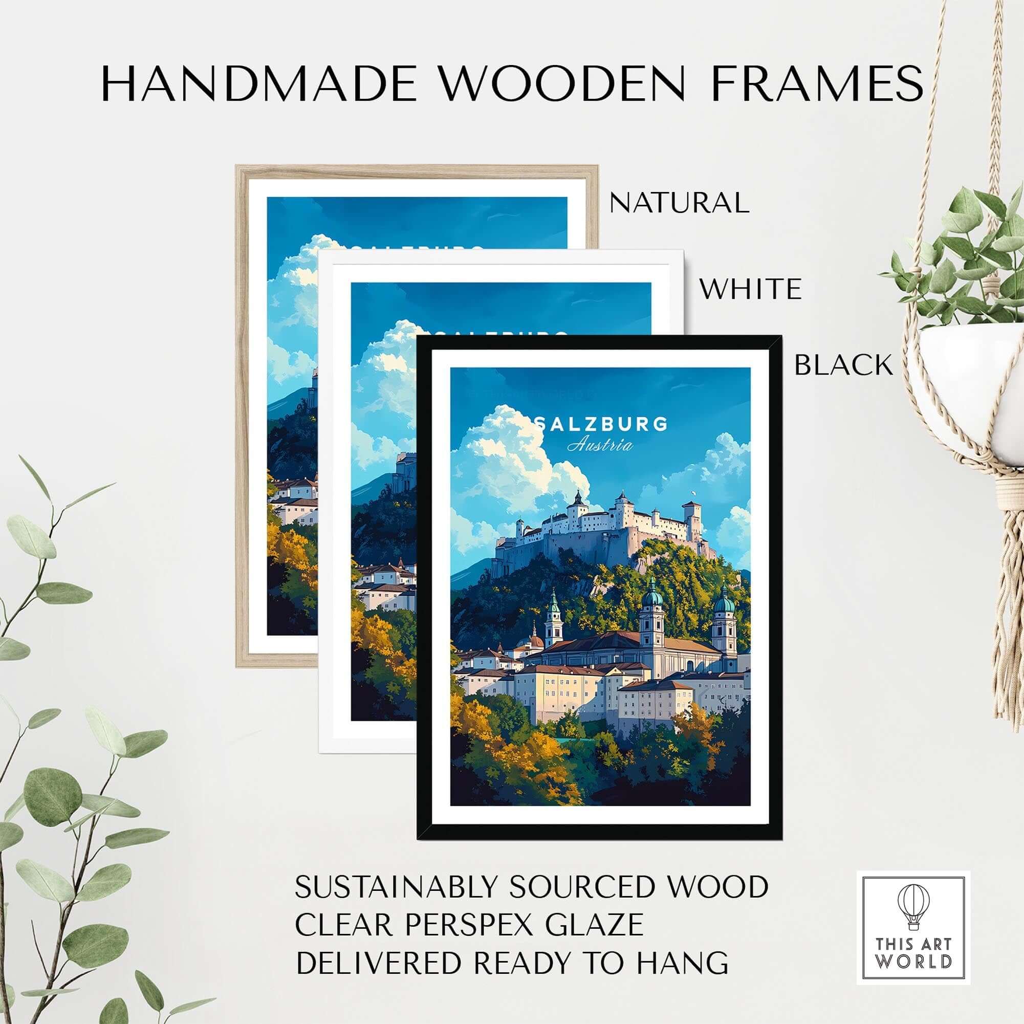 Salzburg Wall Art displayed in handmade wooden frames available in natural, white, and black finishes.