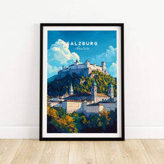 Salzburg Wall Art featuring a vibrant illustration of Salzburg's castle and landscape in a modern frame.