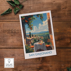 San Gimignano Italy Poster - A Stunning View of the Tuscan Countryside featuring a picturesque scene with outdoor dining.