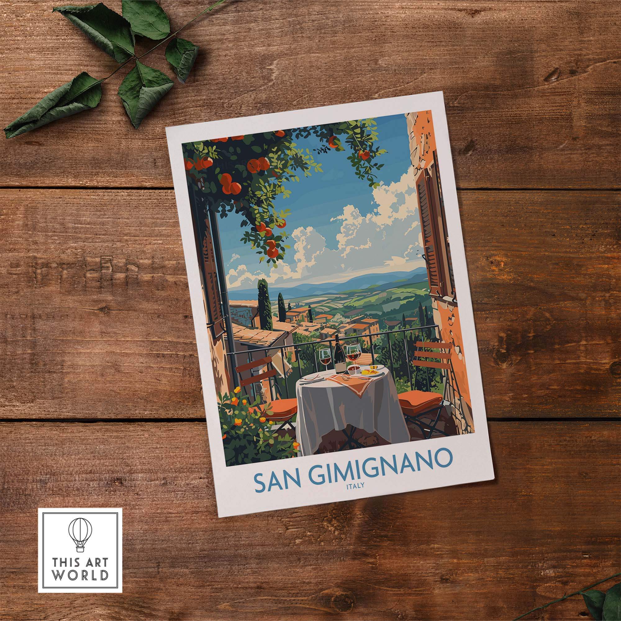 San Gimignano Italy Poster - A Stunning View of the Tuscan Countryside featuring a picturesque scene with outdoor dining.