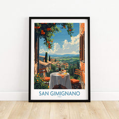 San Gimignano Italy Poster - A Stunning View of the Tuscan Countryside, featuring a charming terrace with a scenic landscape.