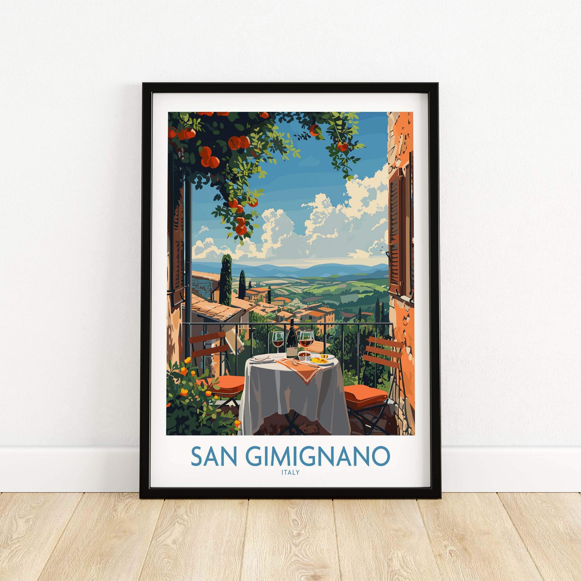 San Gimignano Italy Poster - A Stunning View of the Tuscan Countryside, featuring a charming terrace with a scenic landscape.