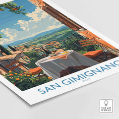 San Gimignano Italy Poster - A Stunning View of the Tuscan Countryside featuring a charming terrace and vibrant landscape.