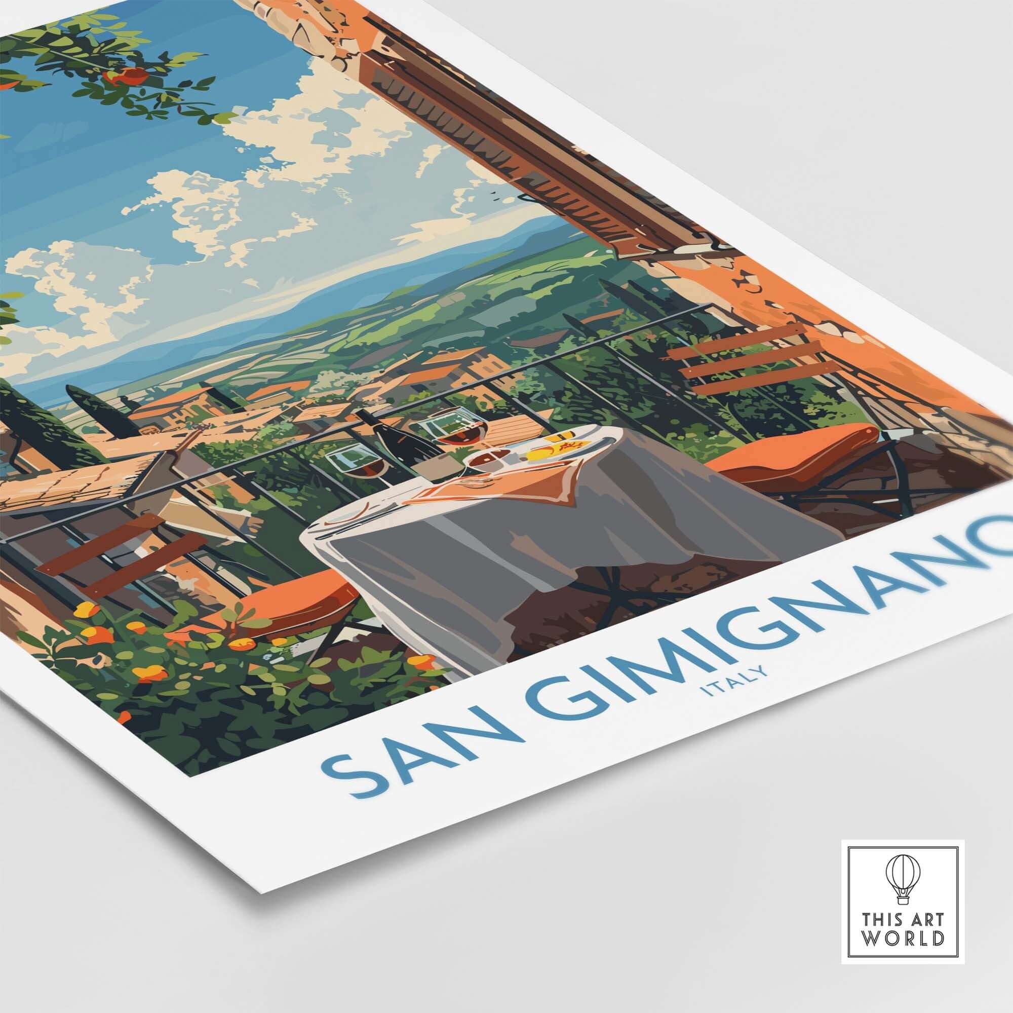 San Gimignano Italy Poster - A Stunning View of the Tuscan Countryside featuring a charming terrace and vibrant landscape.
