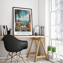 San Gimignano Italy Poster - A Stunning View of the Tuscan Countryside displayed in a stylish home office.