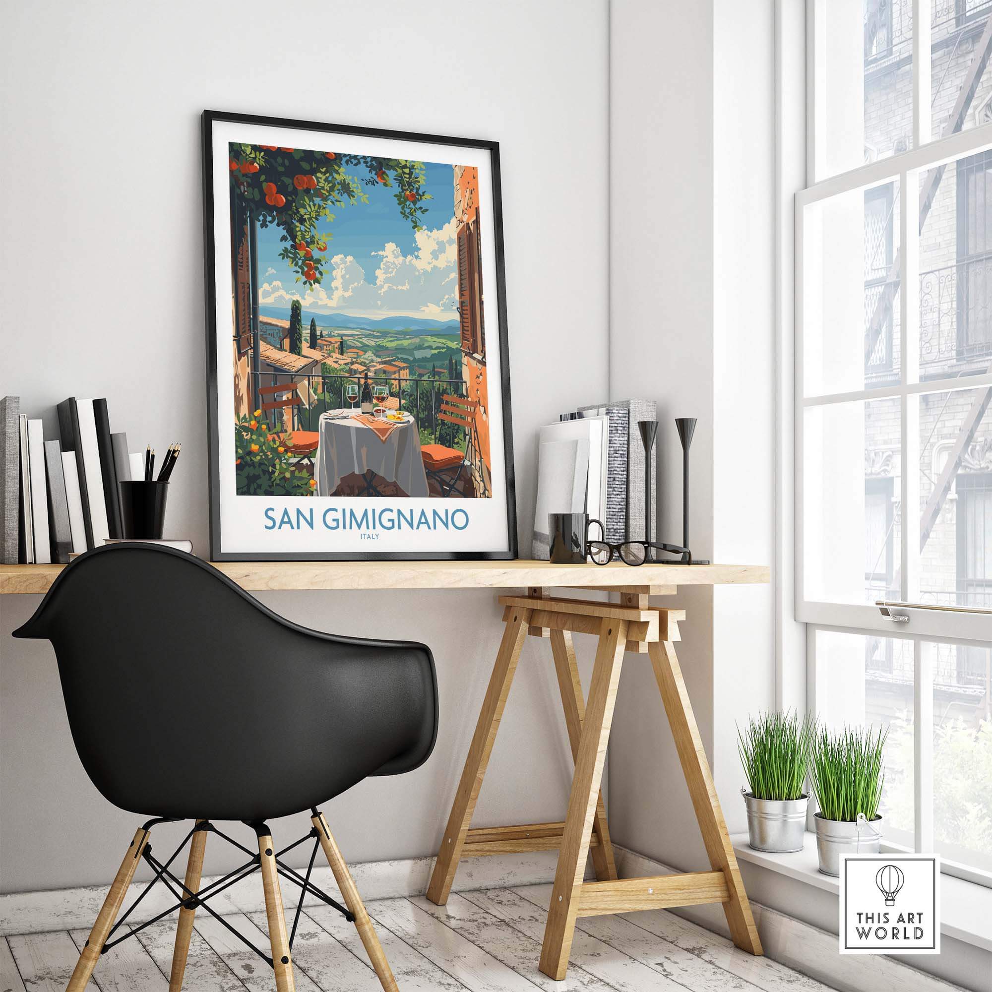 San Gimignano Italy Poster - A Stunning View of the Tuscan Countryside displayed in a stylish home office.