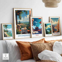 San Gimignano Italy Poster - A Stunning View of the Tuscan Countryside displayed among travel art prints on a shelf.