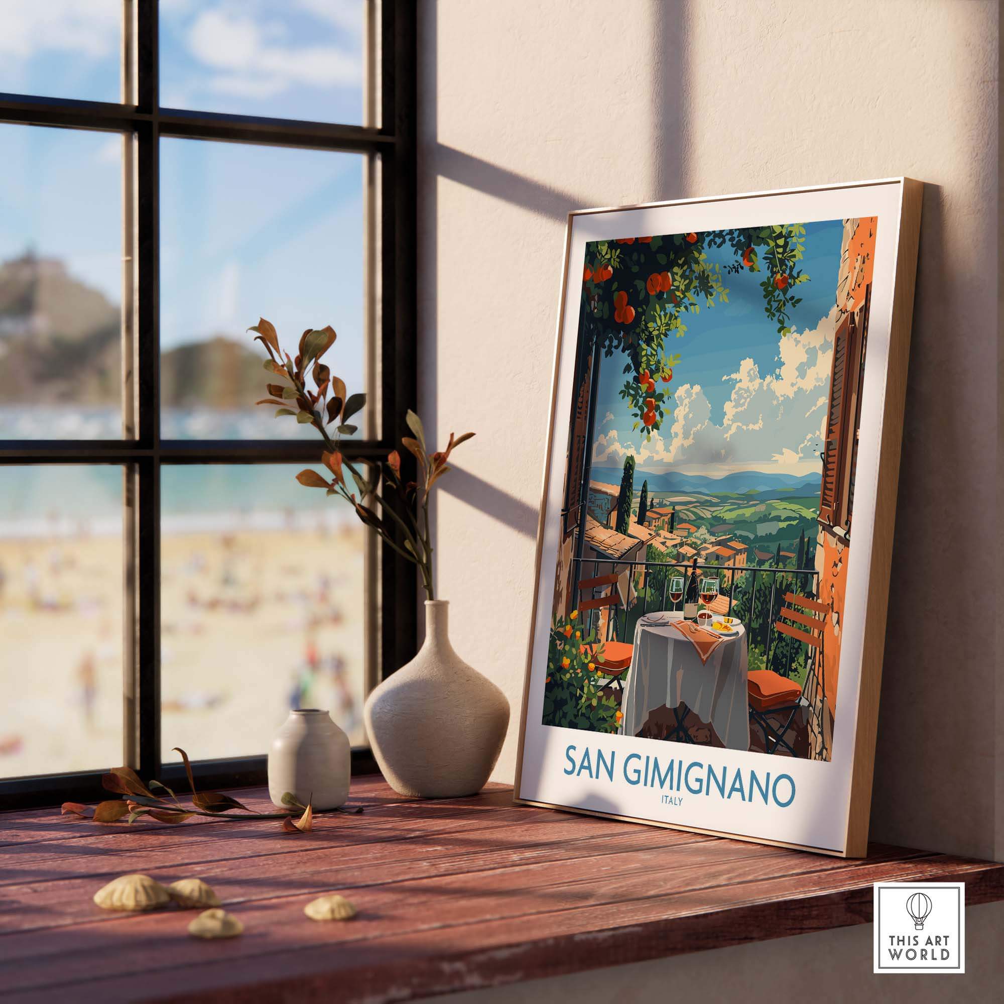 San Gimignano Italy Poster - A Stunning View of the Tuscan Countryside displayed in a sunlit room.