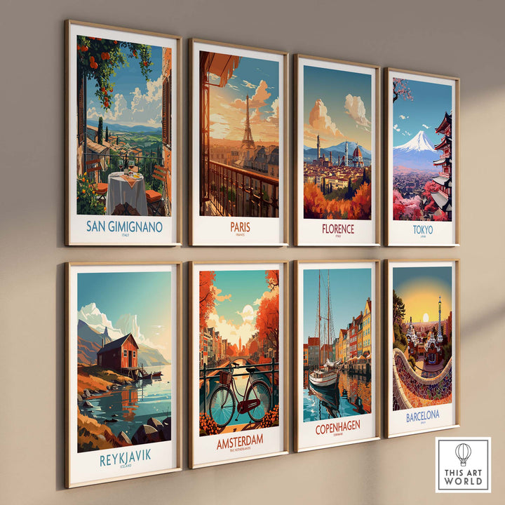 a set of four framed art prints of a cityscape