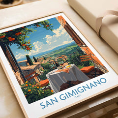 San Gimignano Italy Poster - A Stunning View of the Tuscan Countryside with a scenic outdoor dining setting.