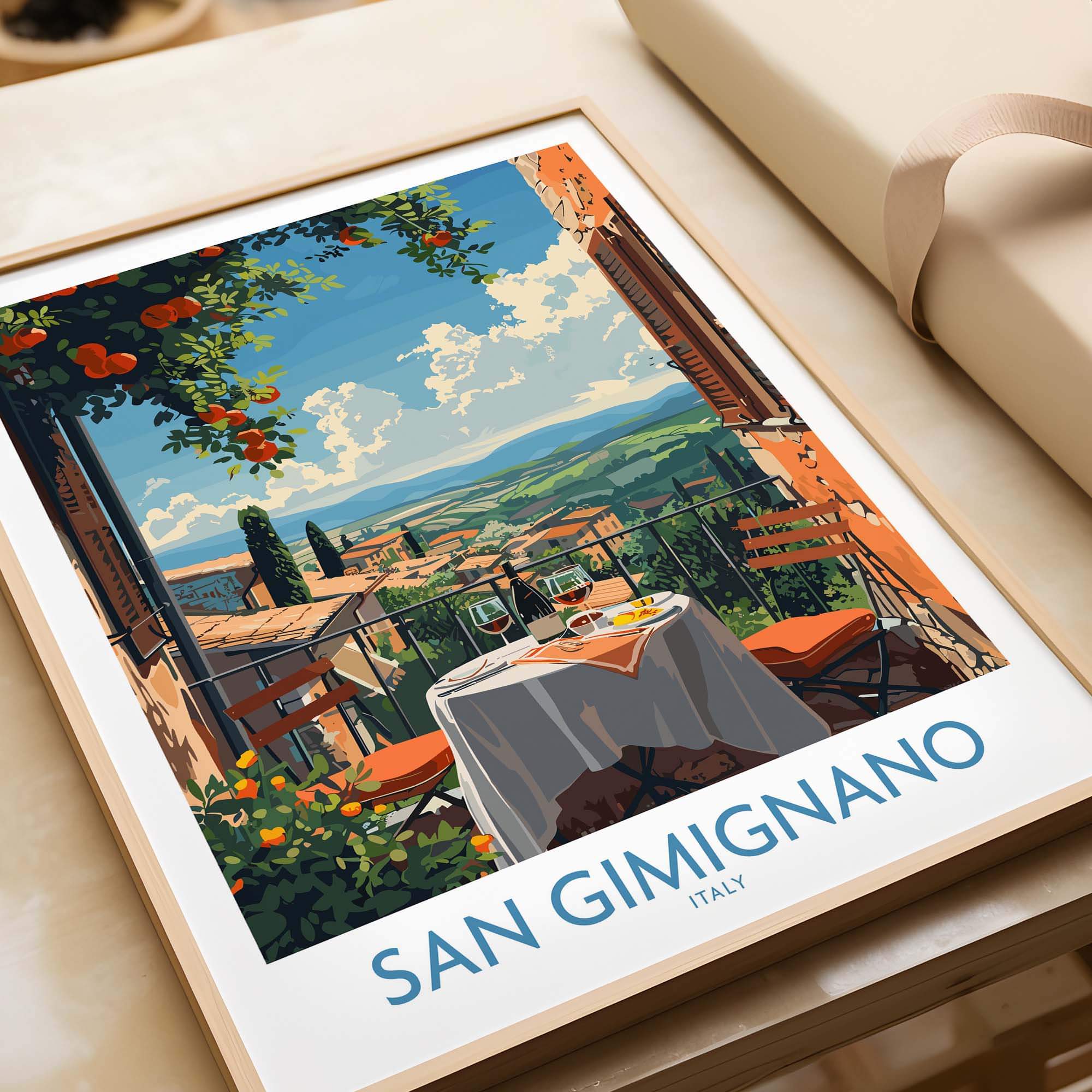 San Gimignano Italy Poster - A Stunning View of the Tuscan Countryside with a scenic outdoor dining setting.