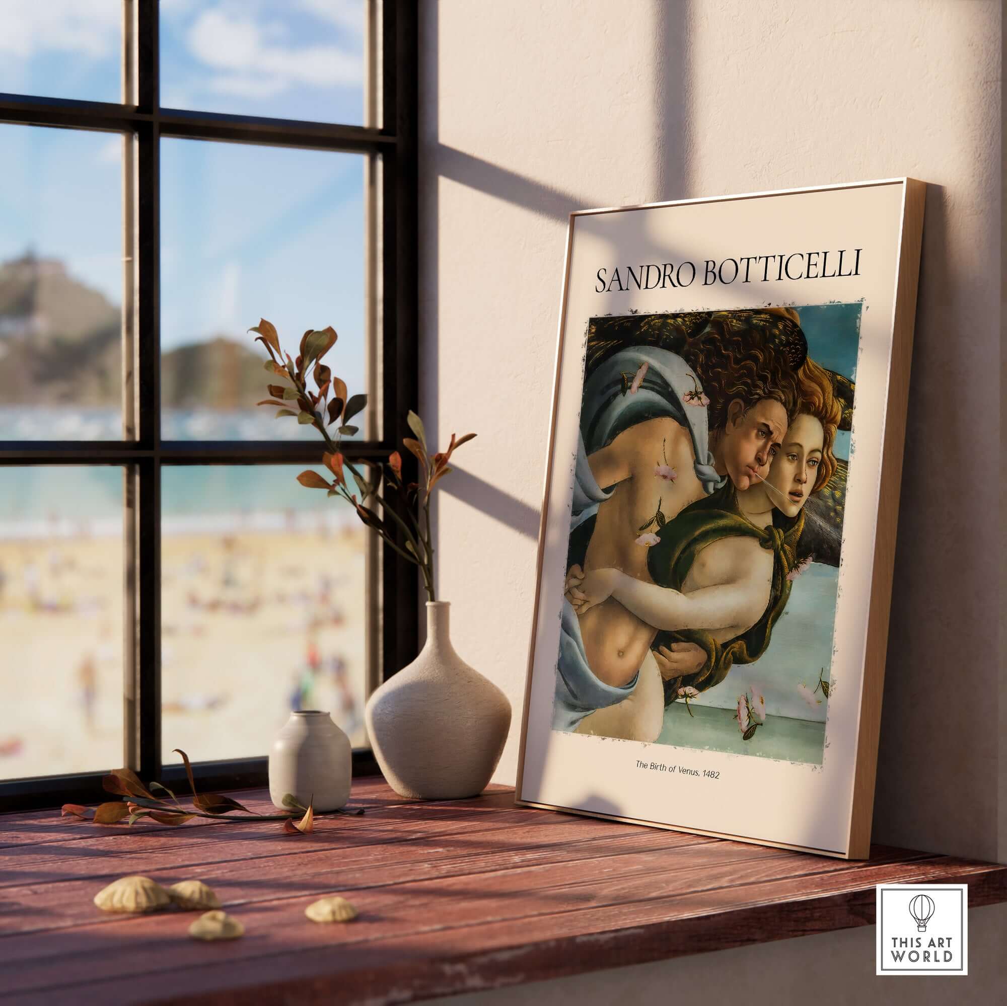 Botticelli Birth of Venus Detail Zephyr Aura Art Print Renaissance Mythology Poster displayed on a wooden table by a window.