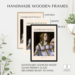 Botticelli Venus and Mars Detail Art Print Renaissance Portrait Poster Wall Art framed in natural, white, and black handmade wooden frames.