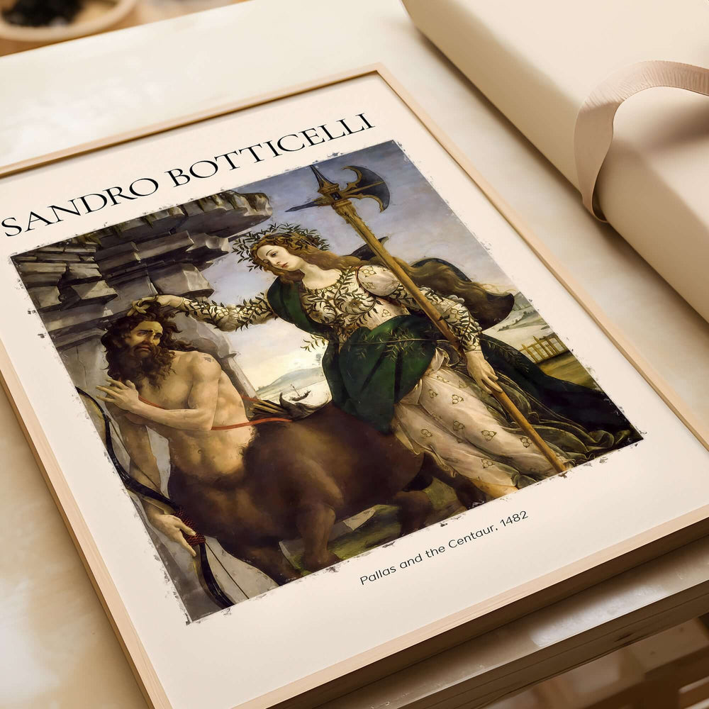 Botticelli Pallas and the Centaur Minerva Art Print Mythology Allegory Poster displayed in a stylish frame.