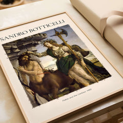 Botticelli Pallas and the Centaur Minerva Art Print Mythology Allegory Poster displayed in a stylish frame.