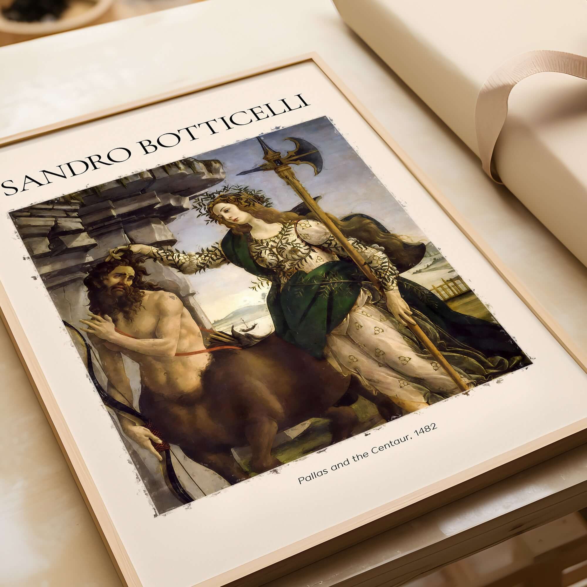 Botticelli Pallas and the Centaur Minerva Art Print Mythology Allegory Poster displayed in a stylish frame.