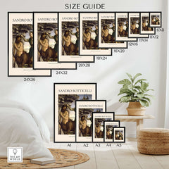Botticelli Pallas and the Centaur Minerva Art Print Mythology Allegory Poster size guide displaying various frame sizes.