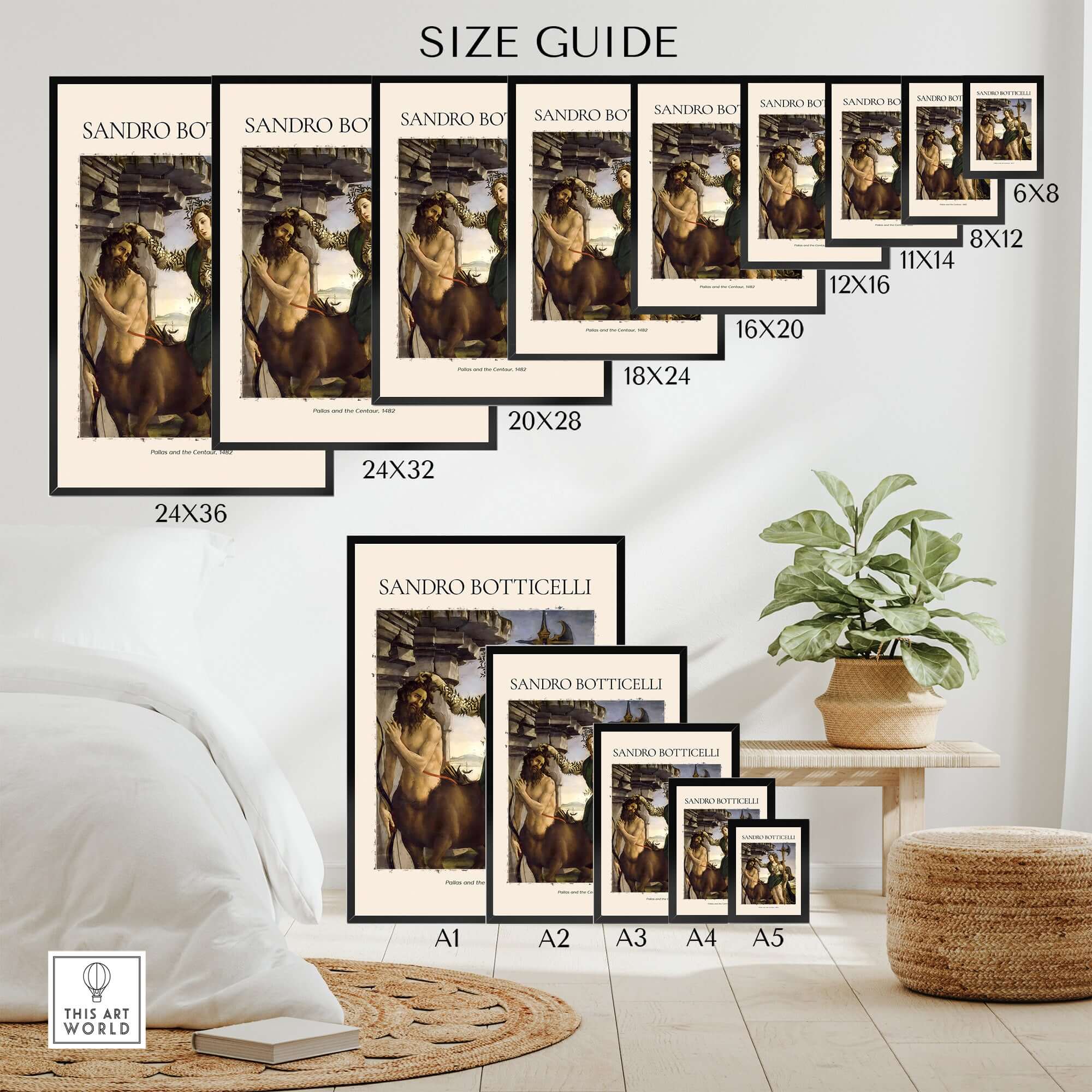 Botticelli Pallas and the Centaur Minerva Art Print Mythology Allegory Poster size guide displaying various frame sizes.
