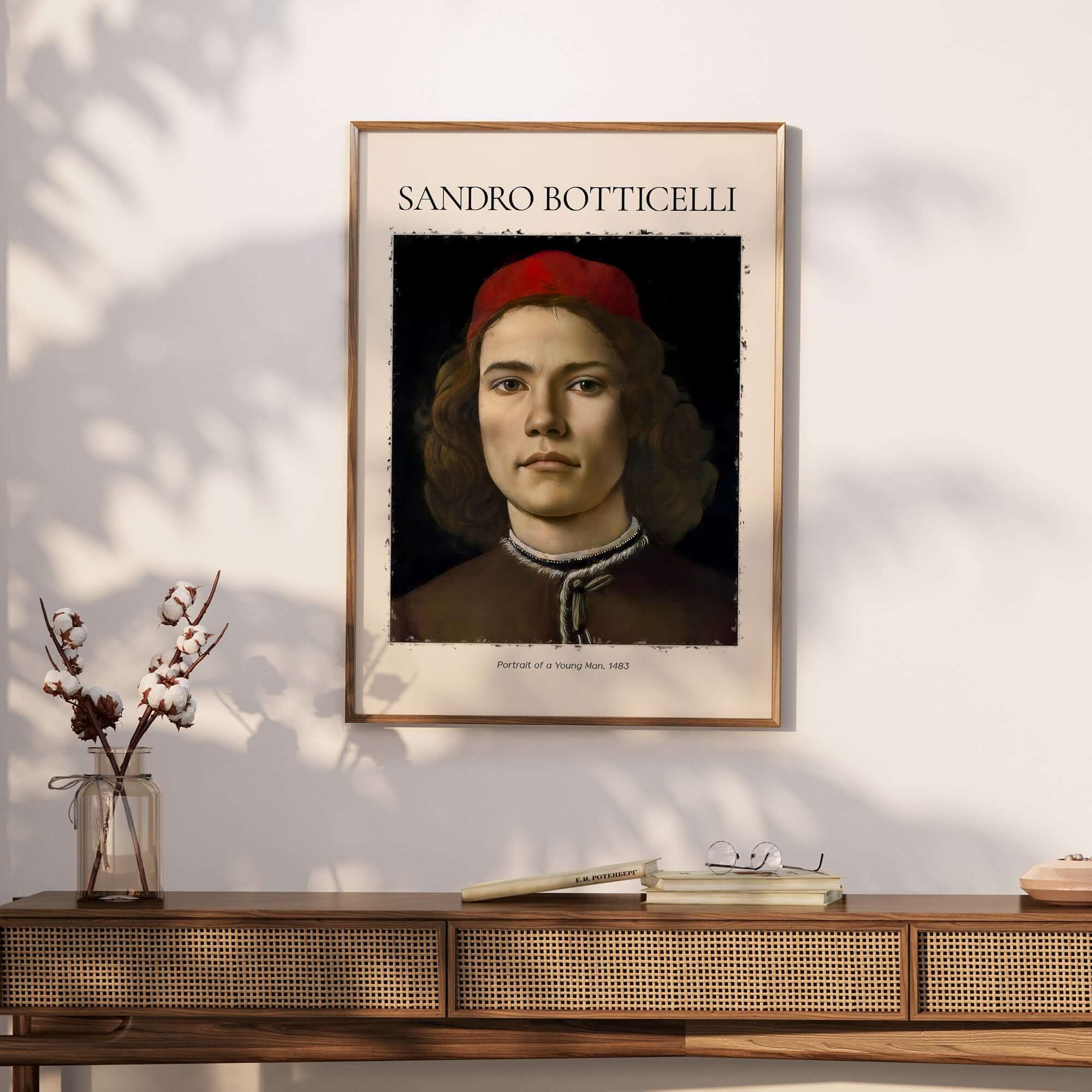 Botticelli Portrait Young Man Red Hat 1483 Art Print Renaissance Florentine Poster displayed on a stylish wall.