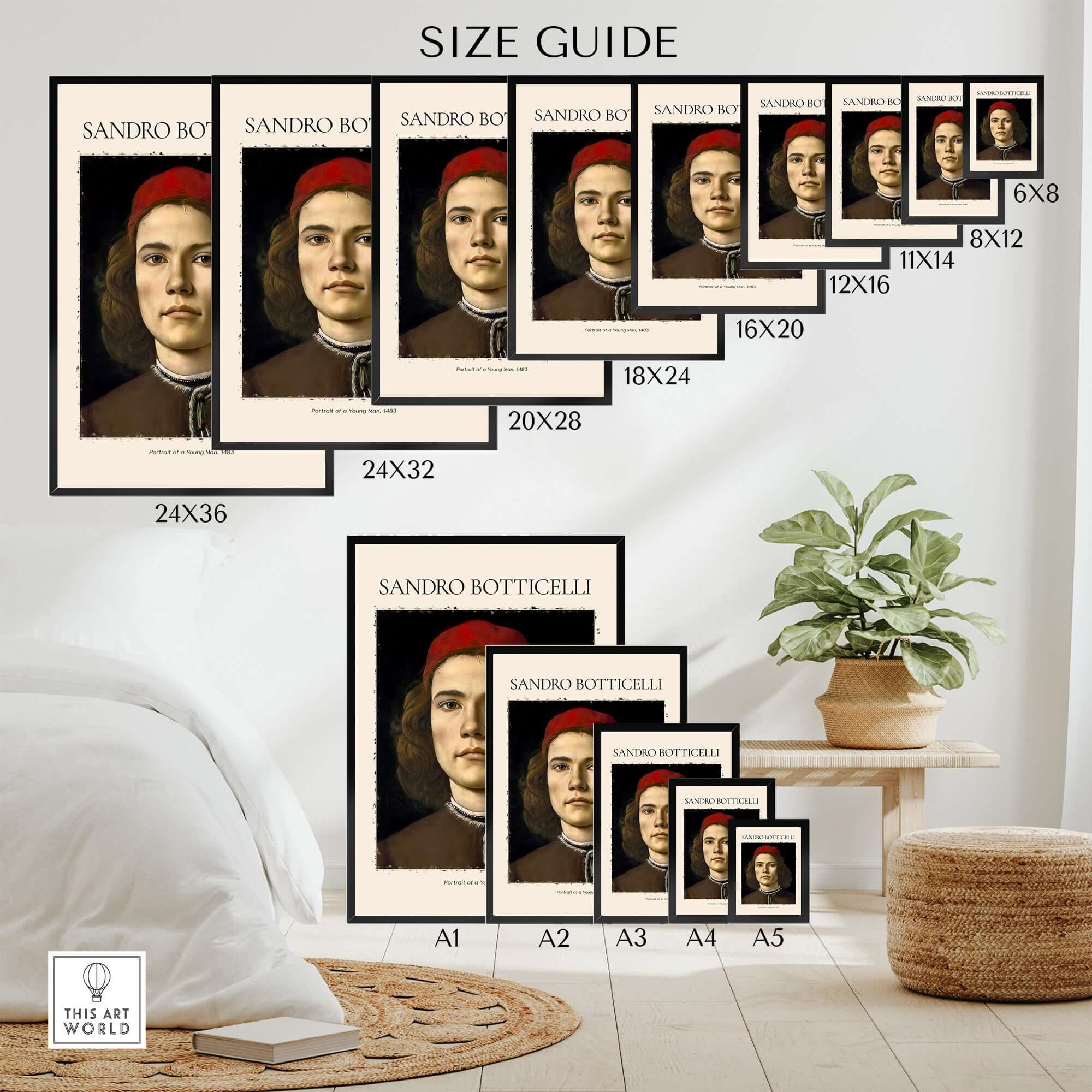 Botticelli Portrait Young Man Red Hat 1483 Art Print Renaissance Florentine Poster size guide with various frame options.