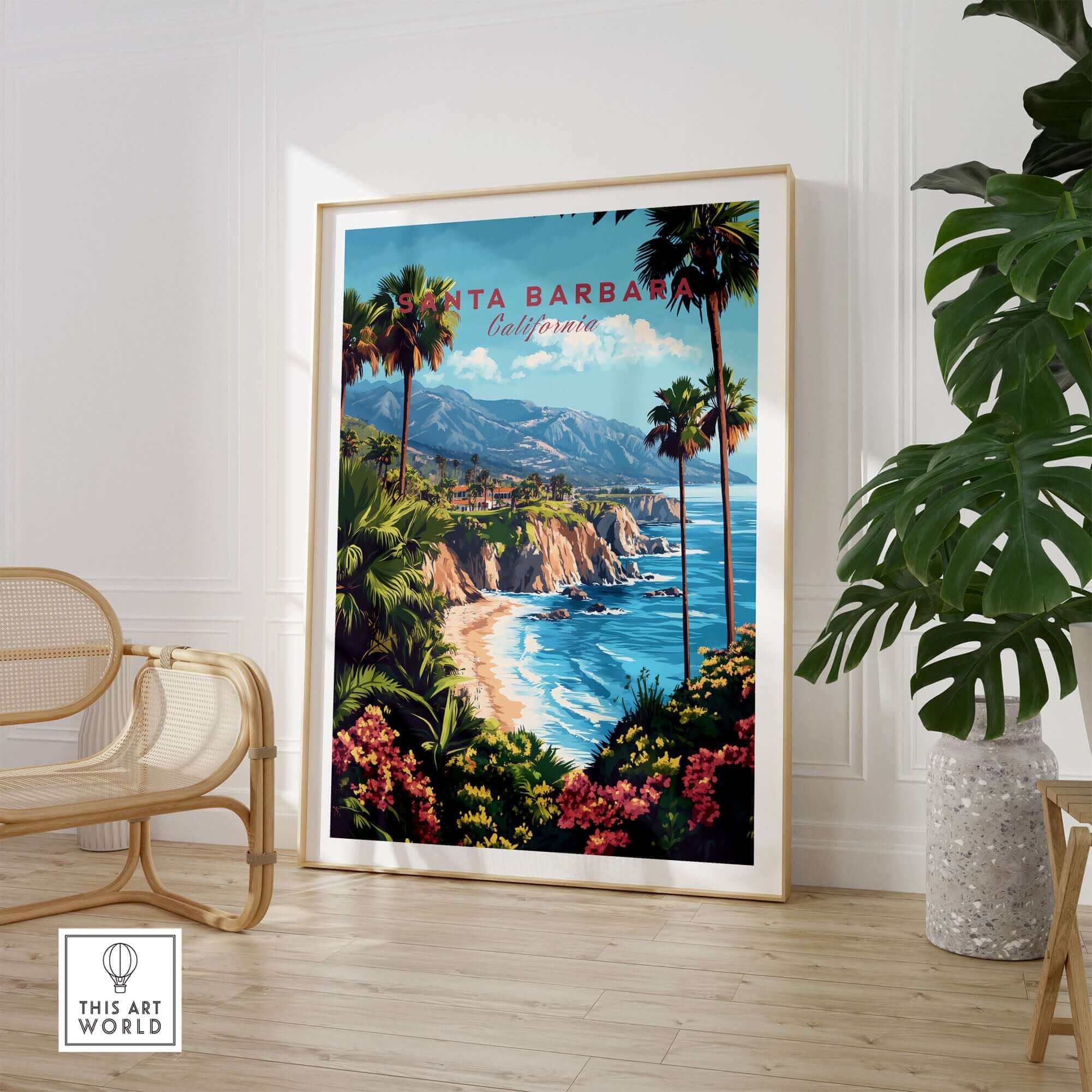 Santa Barbara Travel Print California showcasing scenic coastal views and lush palm trees in a stylish home setting.