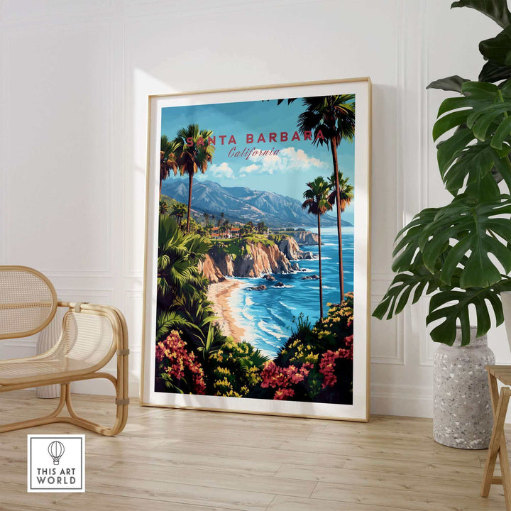 Santa Barbara travel print with vibrant coastal scene, highlighting California beach vibes. Ideal ski poster decor in modern setting.