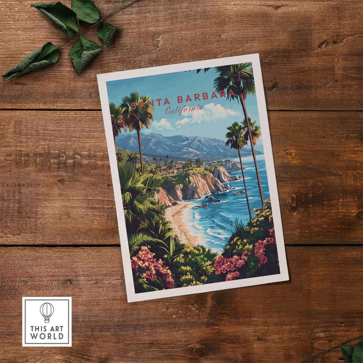 Santa Barbara Travel Print featuring California coastline on wooden background, showcasing vibrant artwork. Ski Poster style.