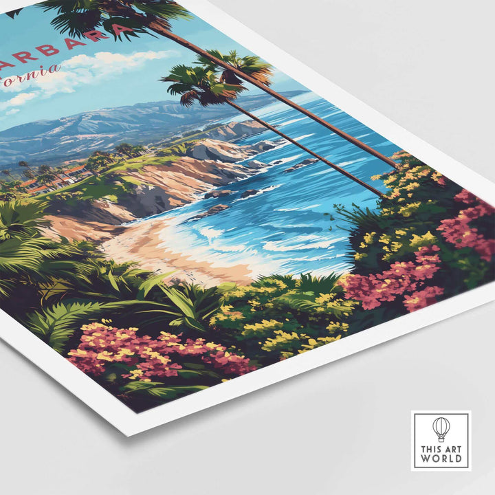 Vintage Santa Barbara travel print featuring California coastline with vibrant flowers and palm trees, perfect ski poster décor.