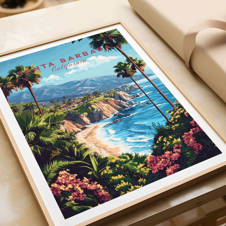 Santa Barbara California travel print with scenic coastline and palm trees, ideal ski poster decor.