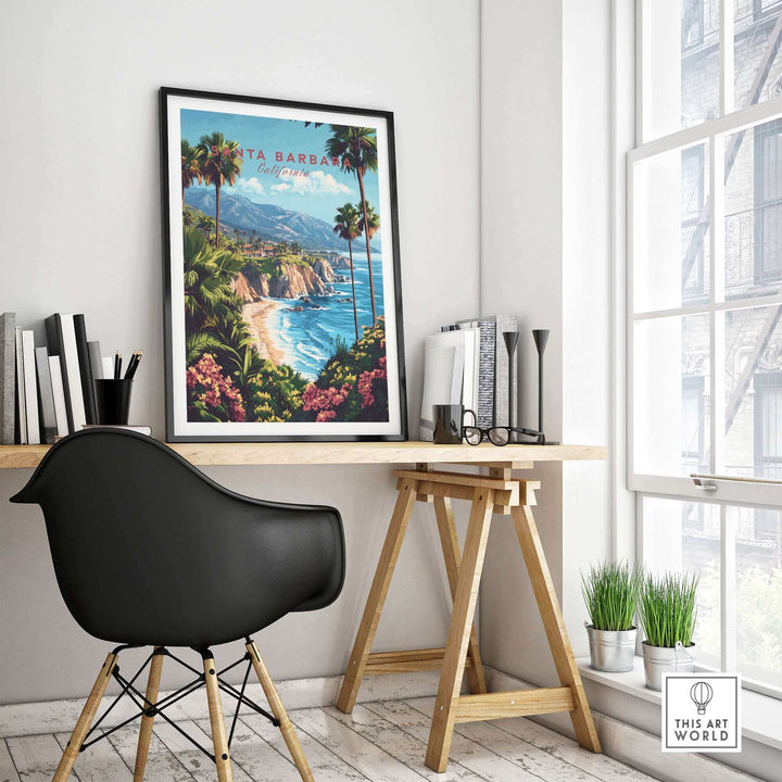 Stylish interior with Santa Barbara Travel Print, featuring coastal scenery, California Ski Poster art, framed on a modern desk.