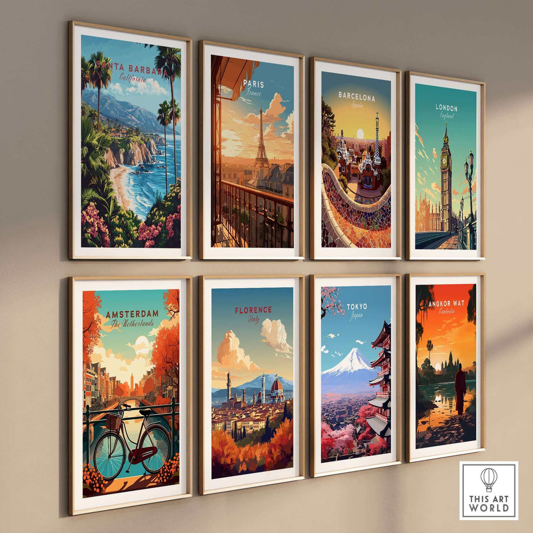 Travel prints showcase featuring destinations like Santa Barbara, Paris, Barcelona, and more. Ideal for ski poster art lovers.