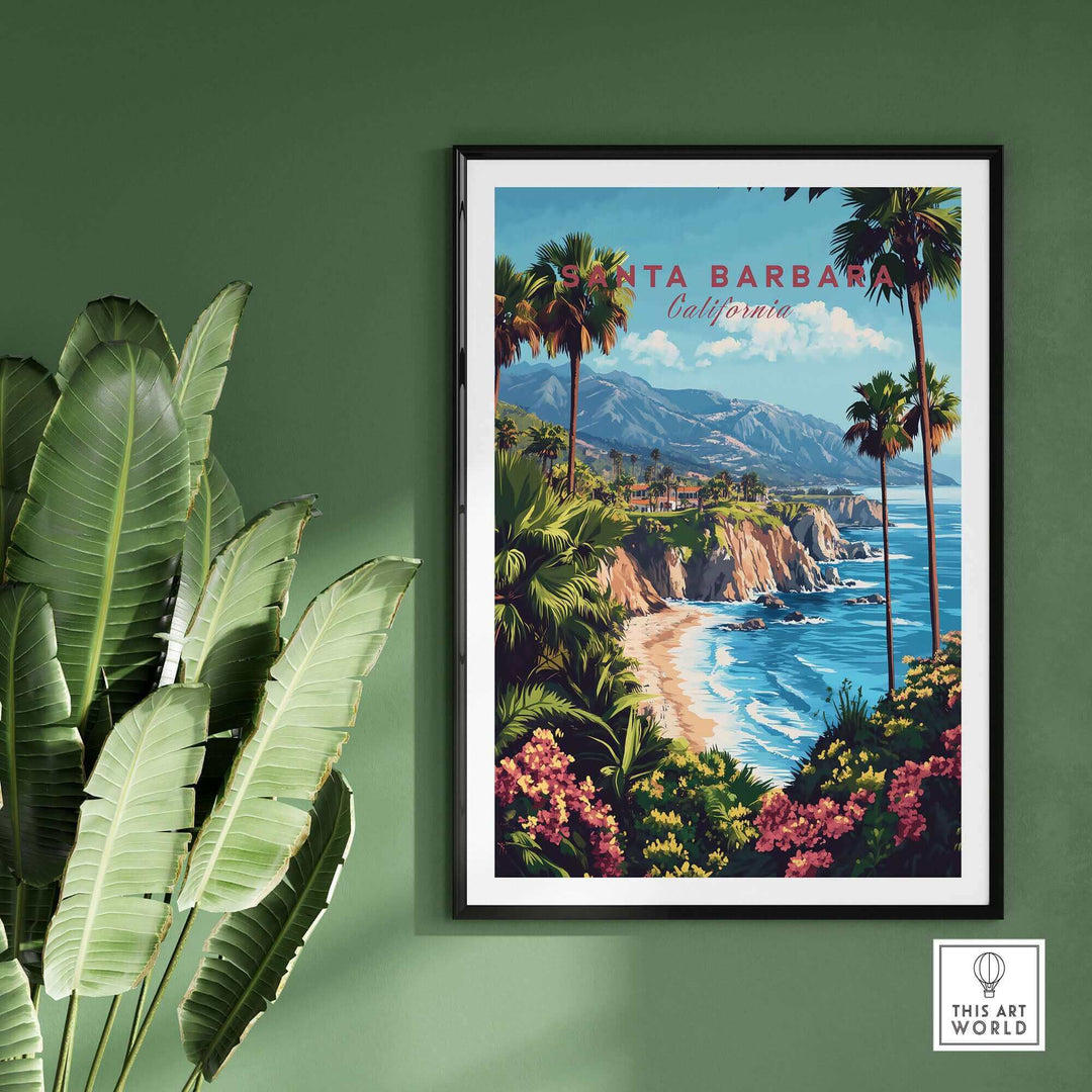 Santa Barbara Travel Print with coastal view and palm trees, framed on a green wall; perfect for ski poster enthusiasts.