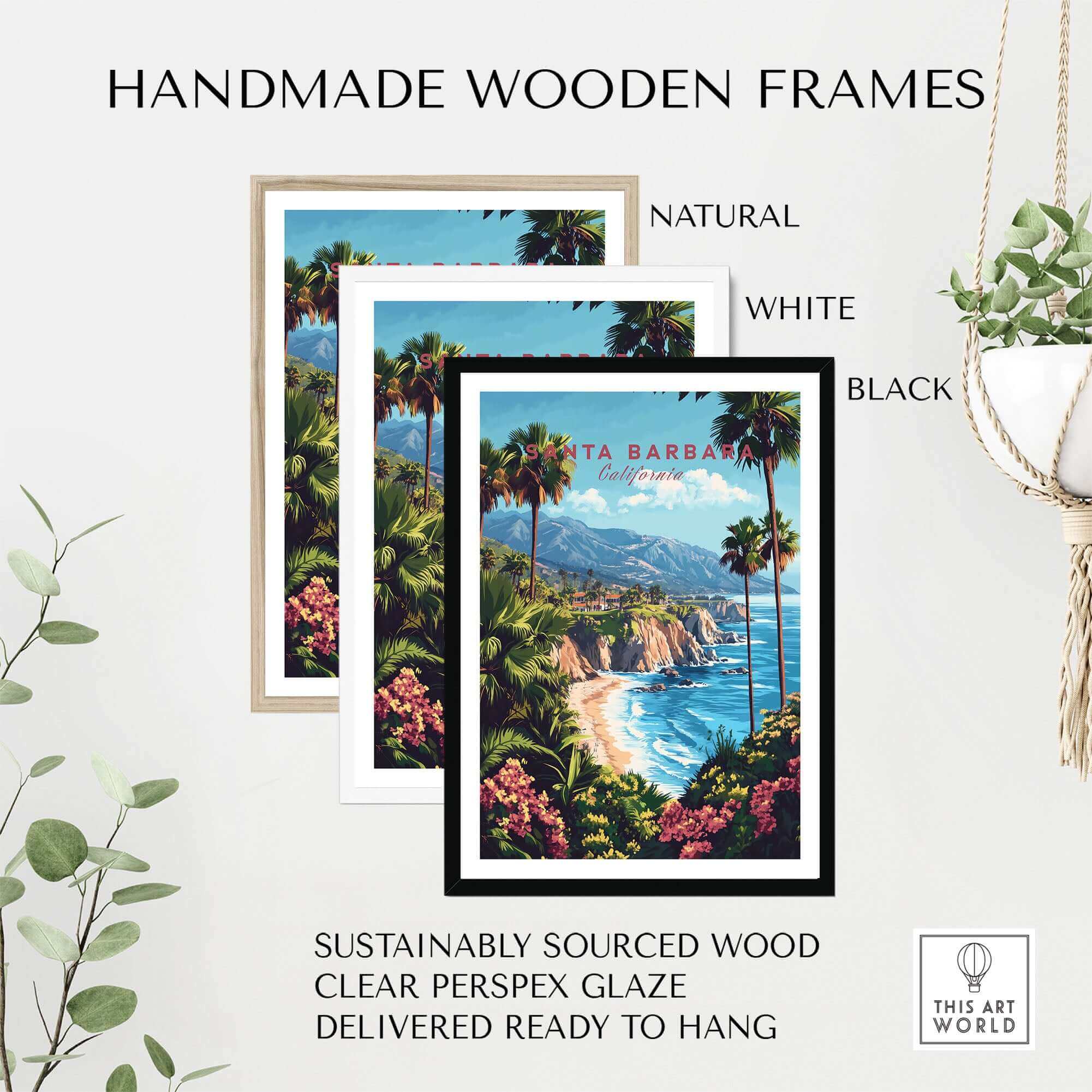 Santa Barbara Travel Print California displayed in handmade wooden frames in natural, white, and black finishes.