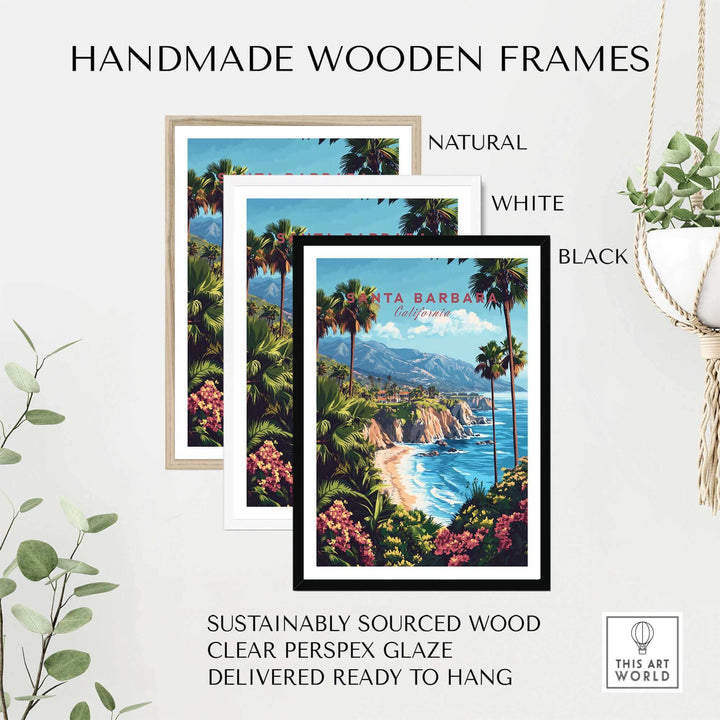 Santa Barbara California travel print in handmade wooden frames, available in natural, white, and black. Ski poster theme.