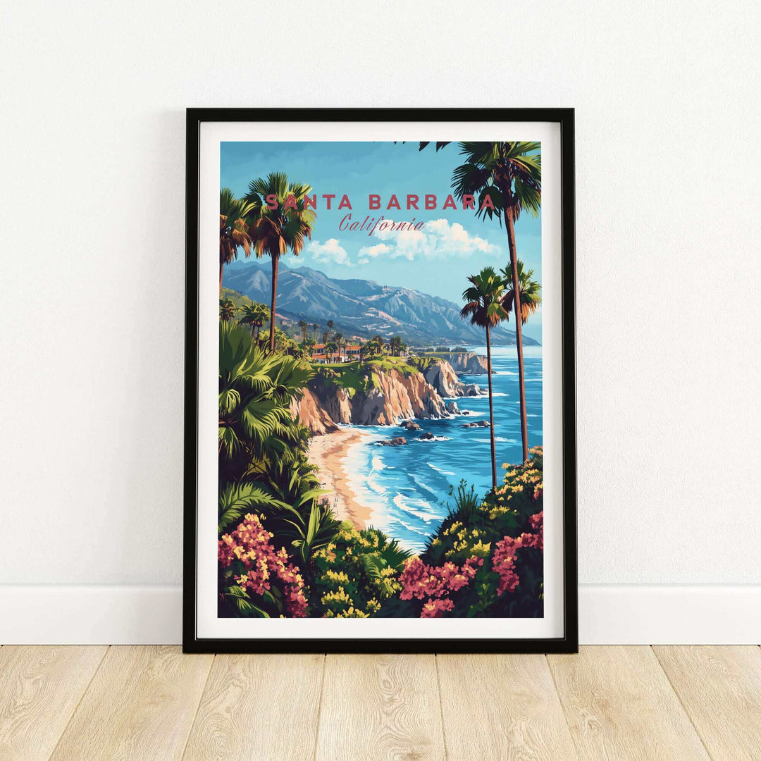 Santa Barbara Travel Print with Coastal View, California Wall Art, Ski Poster Decor featuring Scenic Landscape.