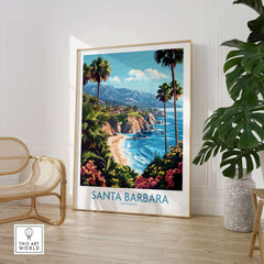 Santa Barbara Wall Art Poster California showcasing vibrant coastal scenery and palm trees in a stylish interior setting.