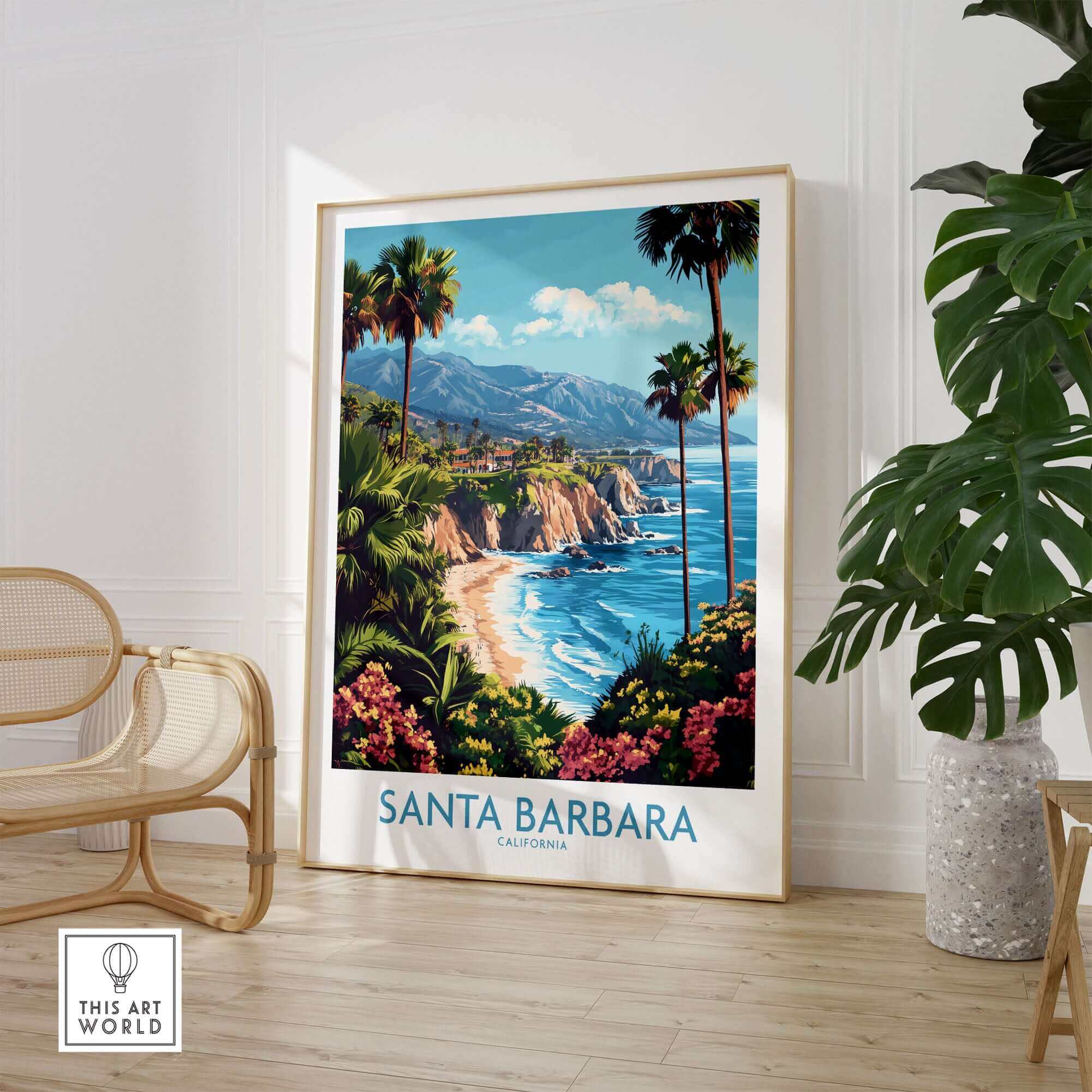 Santa Barbara Wall Art Poster California showcasing vibrant coastal scenery and palm trees in a stylish interior setting.