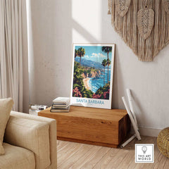 Santa Barbara Wall Art Poster California displayed in a cozy living room setting with natural decor elements.
