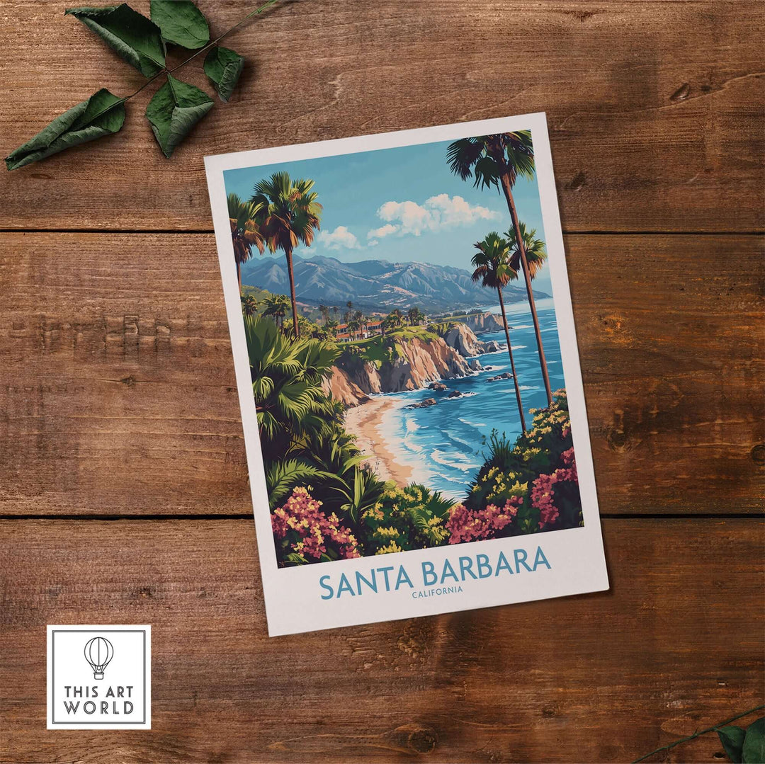 Santa Barbara wall art poster, California beach scene, ski poster style, vibrant coastal landscape with palm trees and ocean.