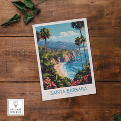 Santa Barbara Wall Art Poster California featuring a coastal scene with palm trees and vibrant colors.