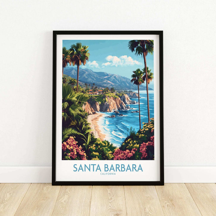 Santa Barbara California wall art poster with coastline and palm trees, perfect for ski poster enthusiasts and art lovers.