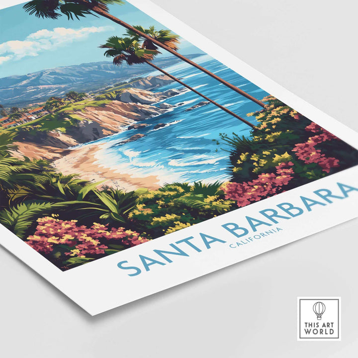 Santa Barbara California wall art poster with scenic coastal view, featuring vibrant colors and lush foliage, ski poster decor.