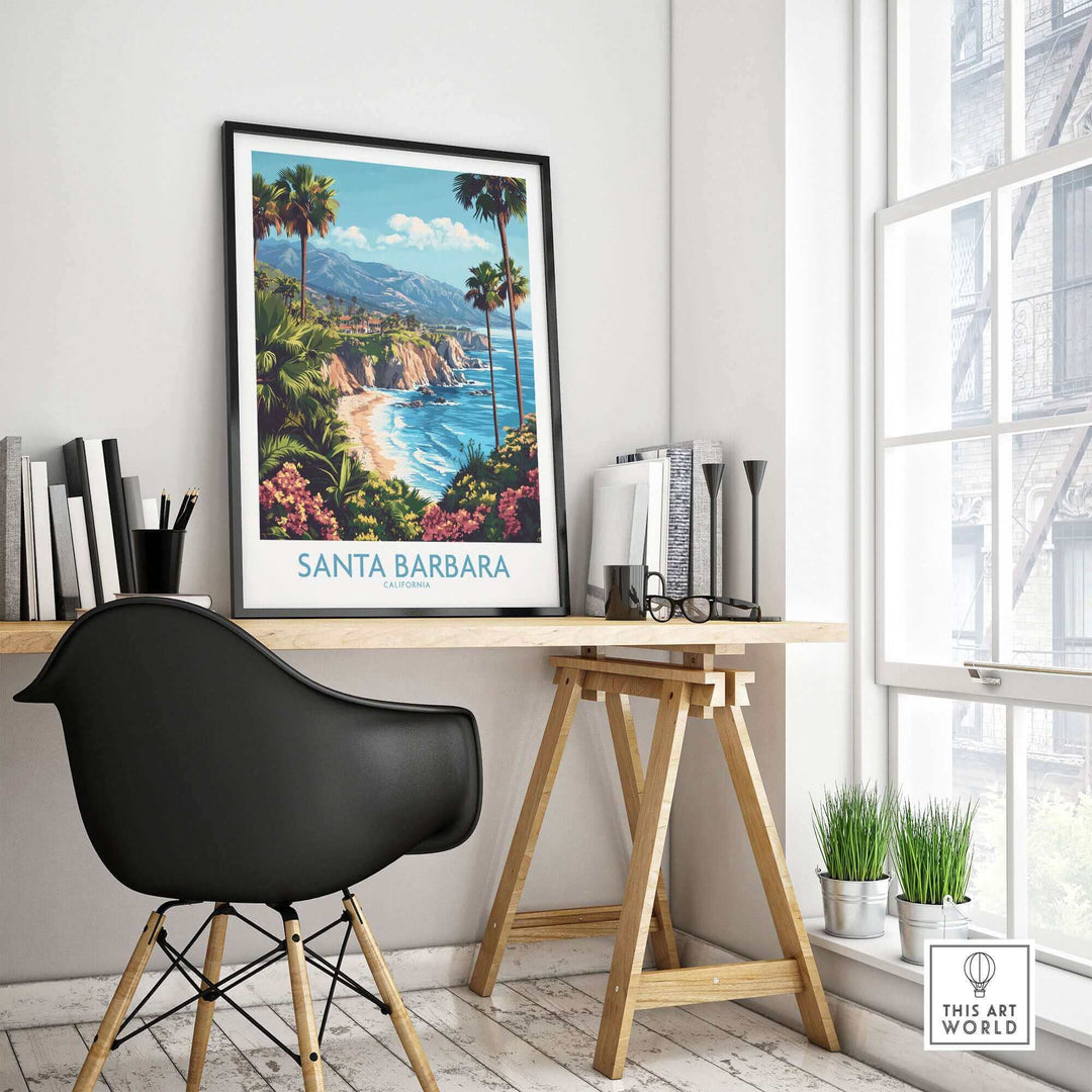 Santa Barbara wall art poster displayed on modern desk, vibrant coastal scene, perfect California ski poster decor.