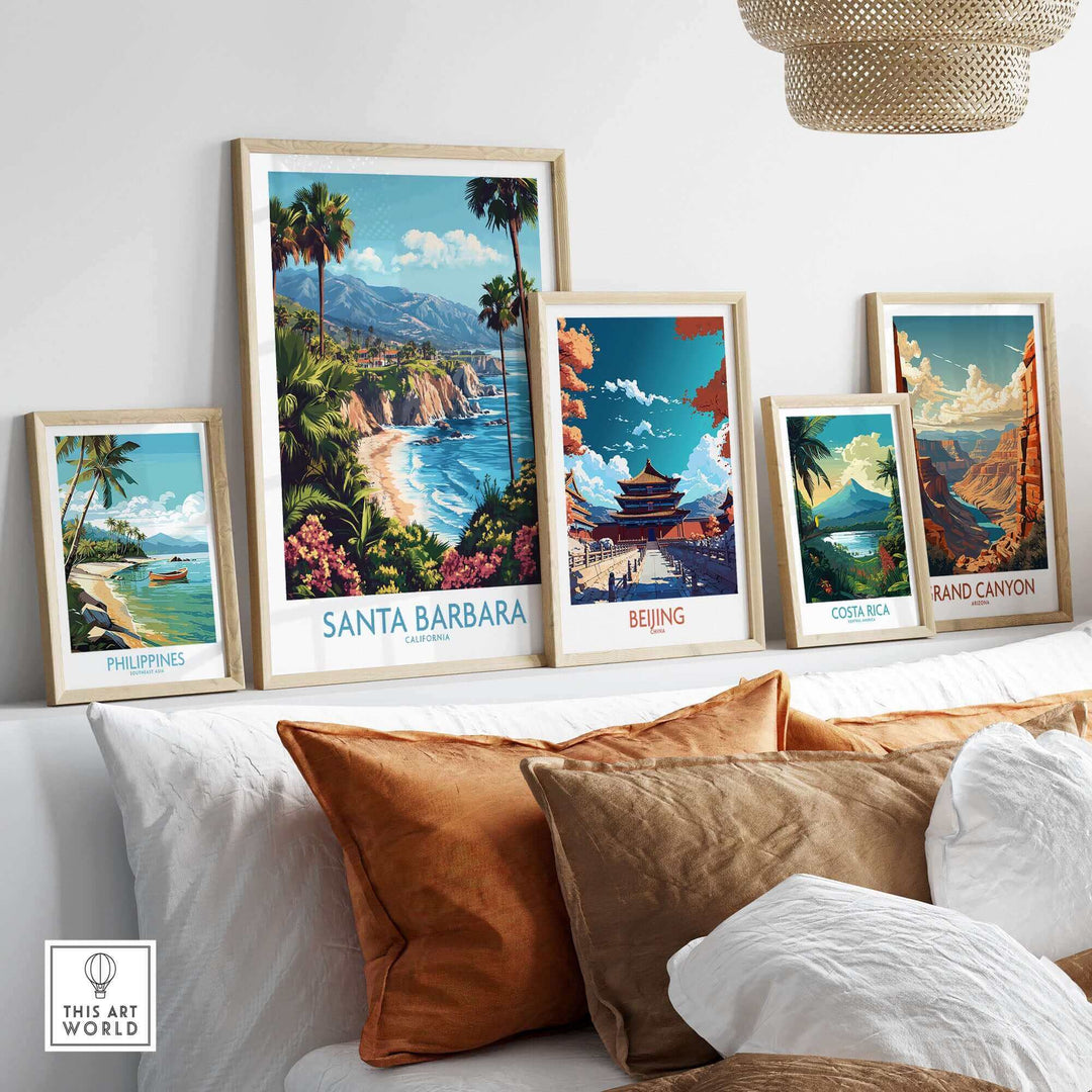 Santa Barbara ski poster wall art, featuring colorful California coastal scenery, displayed among global travel posters in a cozy room.