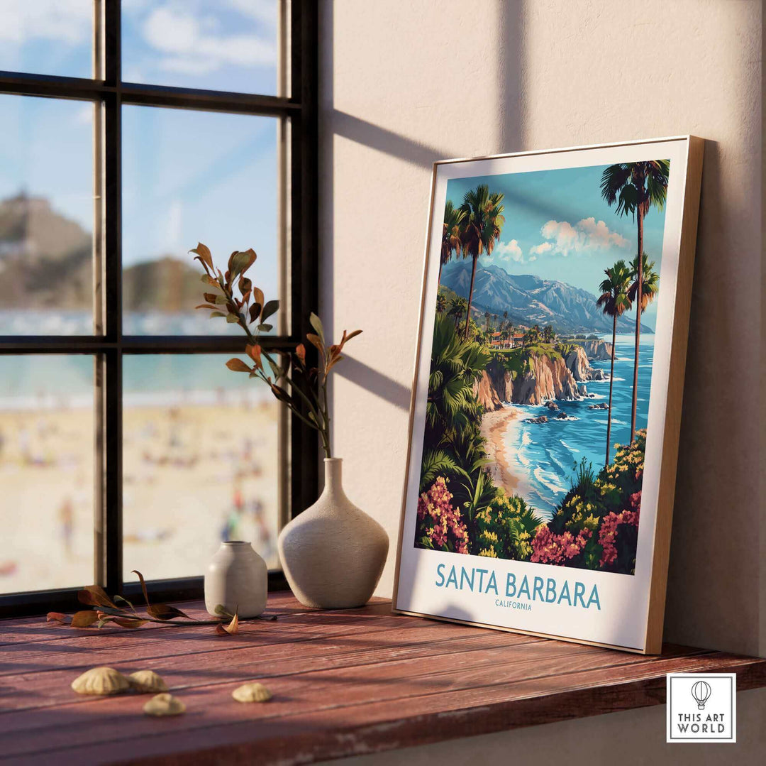 Santa Barbara wall art poster with beach and palm trees, perfect California decor. Ski poster style by This Art World.