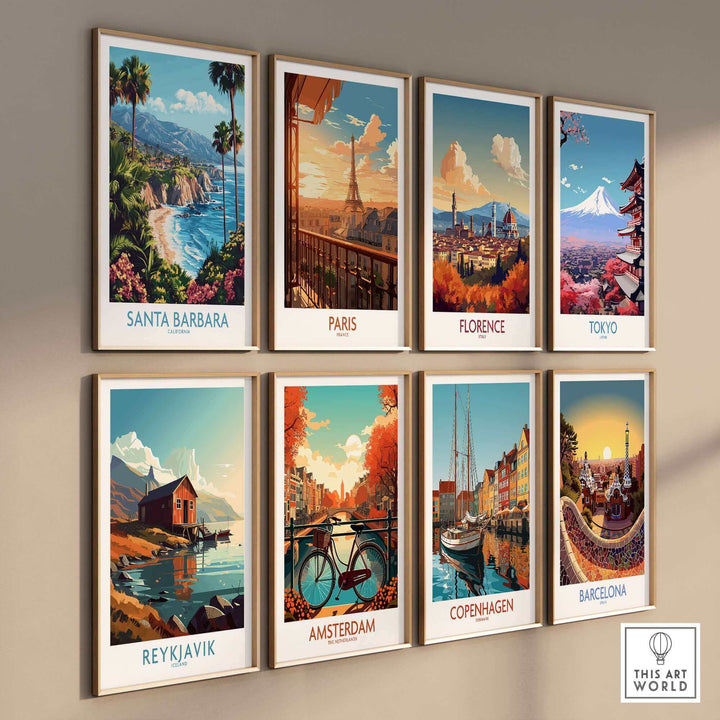 Collection of Santa Barbara, Paris, Florence, Tokyo, Reykjavik, Amsterdam, Copenhagen, Barcelona wall art posters in frames.