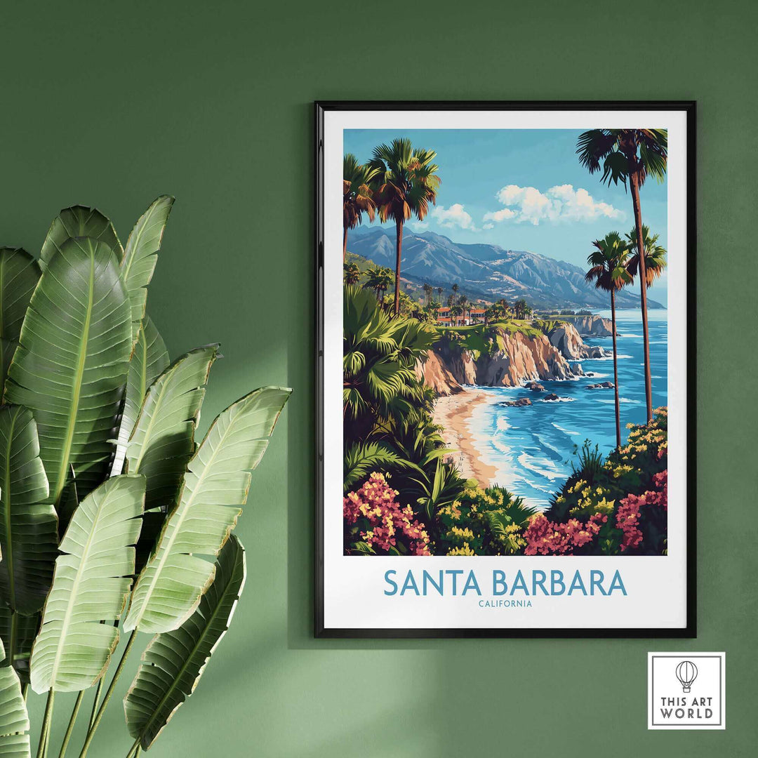 Santa Barbara California wall art poster featuring a coastal landscape with palm trees, perfect for ski poster collection decor.